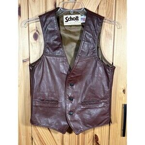 Vintage Schott NYC Leather Vest Brown Button Rancher Biker Satin Lined Men's SM